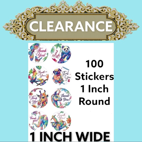 Other - CLEARANCE ( 100 Animal Thank You Stickers : Sloth, Giraffe, Elephant, Butterfly)